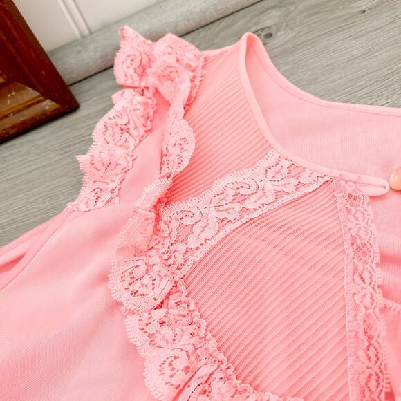 Vintage Shadowline Nylon Nightgown M Medium Pink Short Sleeve Silky Lace Sweep - Picture 7 of 12